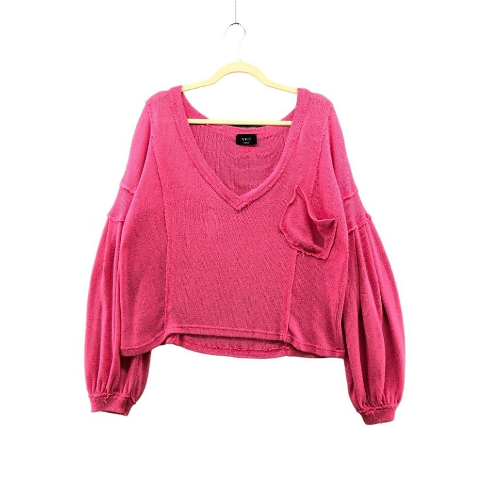 VICI Oversized Ballon Sleeve Sweater Womens S Pink V-Neck Lightweight Boho Knit